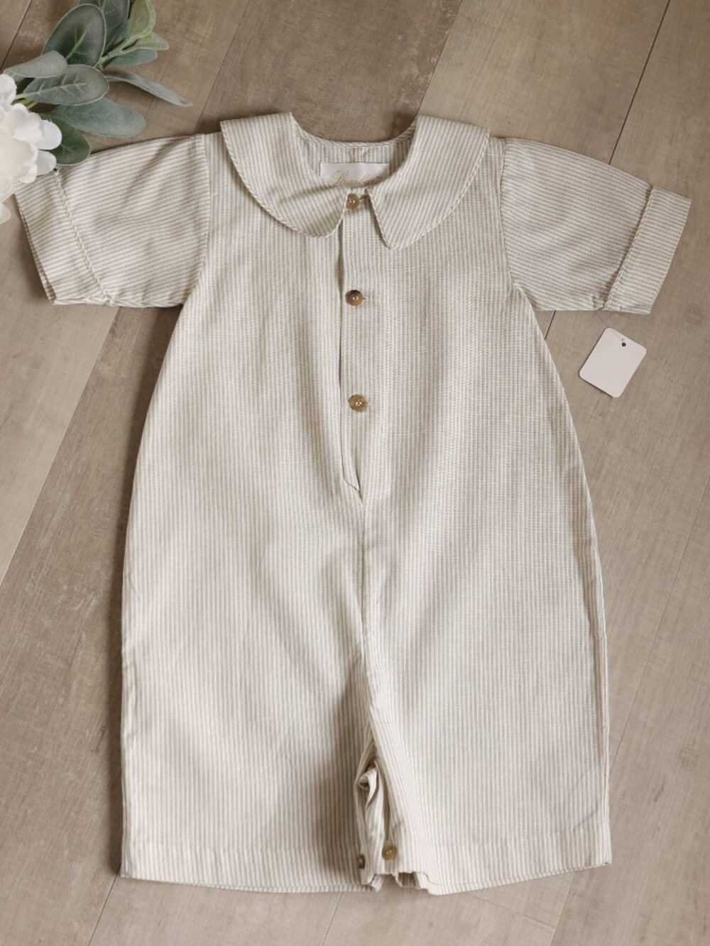 Boy's Strasburg Shortall Romper White & Khaki Ticking Stripe 24 Months/2T NEW